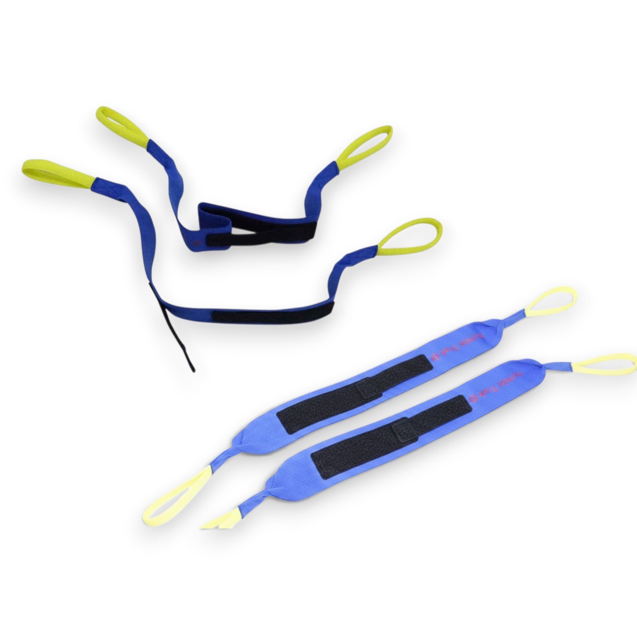 UK Gym Pits blue neoprene running arm resistance bands with yellow thumb loops and adjustable Velcro straps