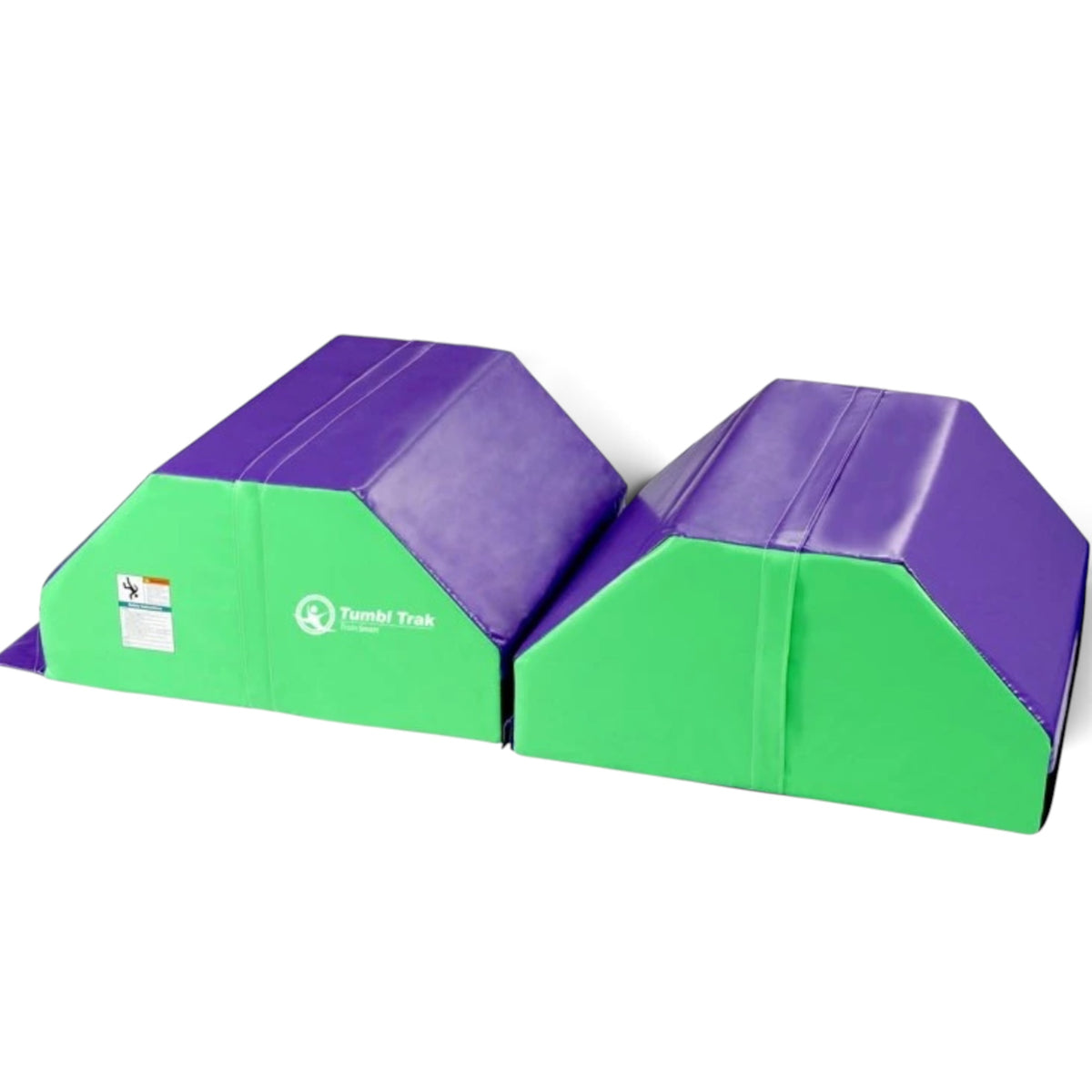 UK Gym Pits octagonal tumble trainer in purple and green vinyl for gymnastics skill development and tumbling practice.