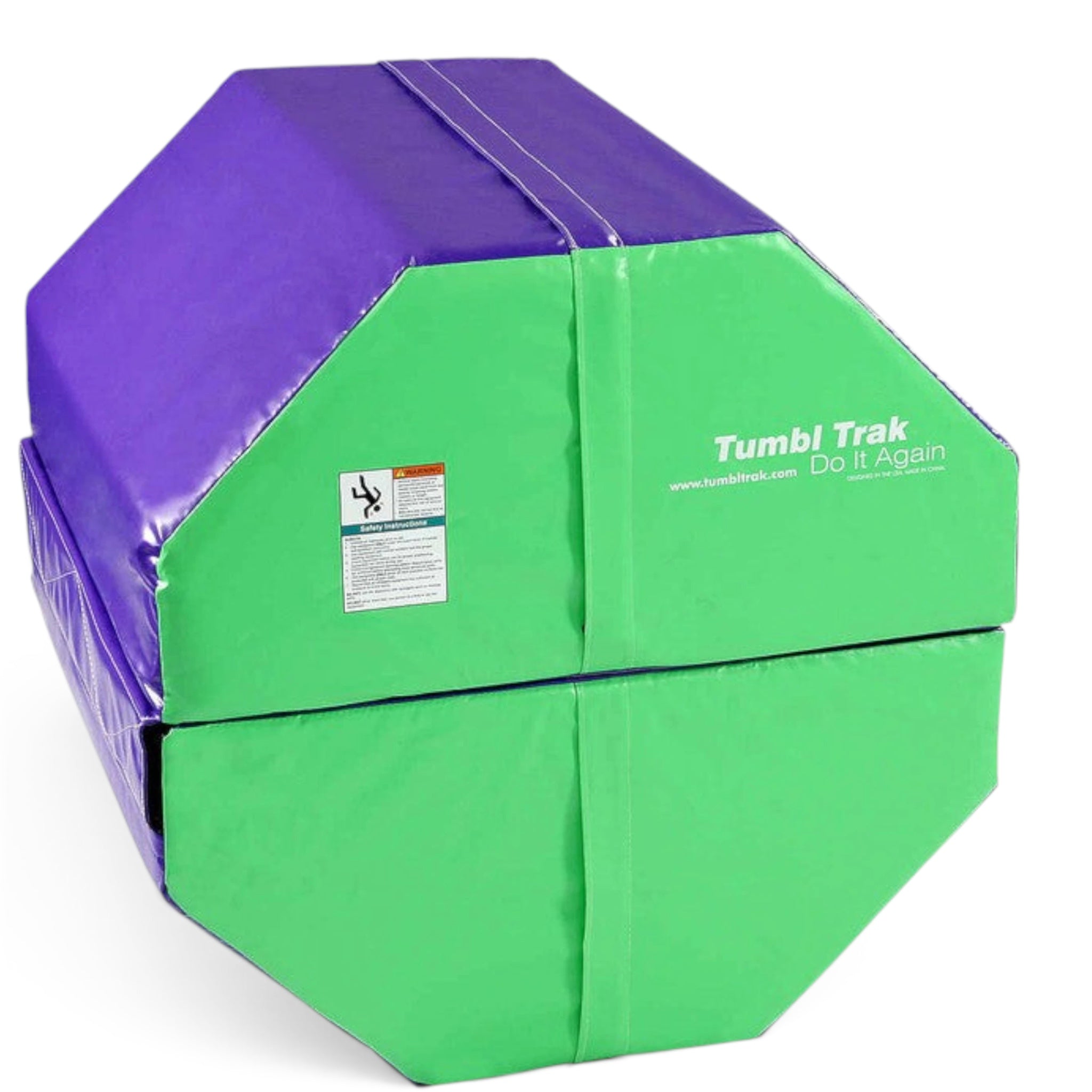 UK Gym Pits octagonal tumble trainer in purple and green vinyl for gymnastics skill development and tumbling practice.