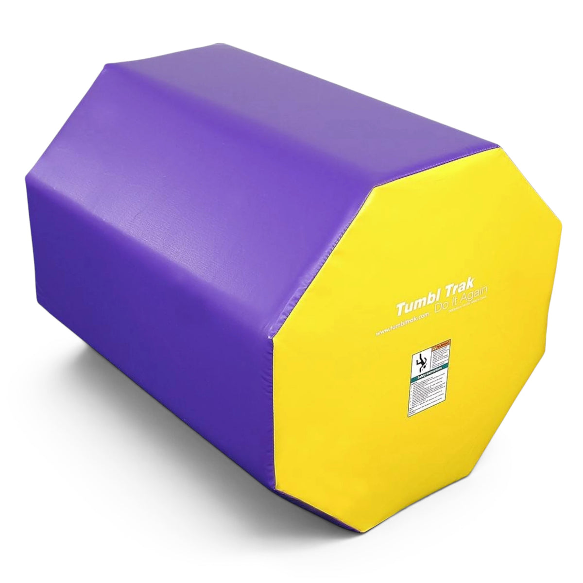 UK Gym Pits octagonal tumble trainer in purple and yellow vinyl for gymnastics skill development and tumbling practice