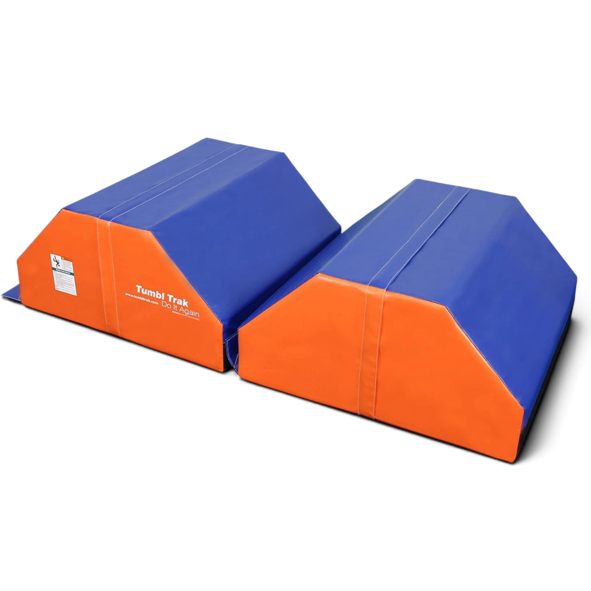 UK Gym Pits octagonal tumble trainer in blue and orange vinyl, split into two halves for gymnastics training.