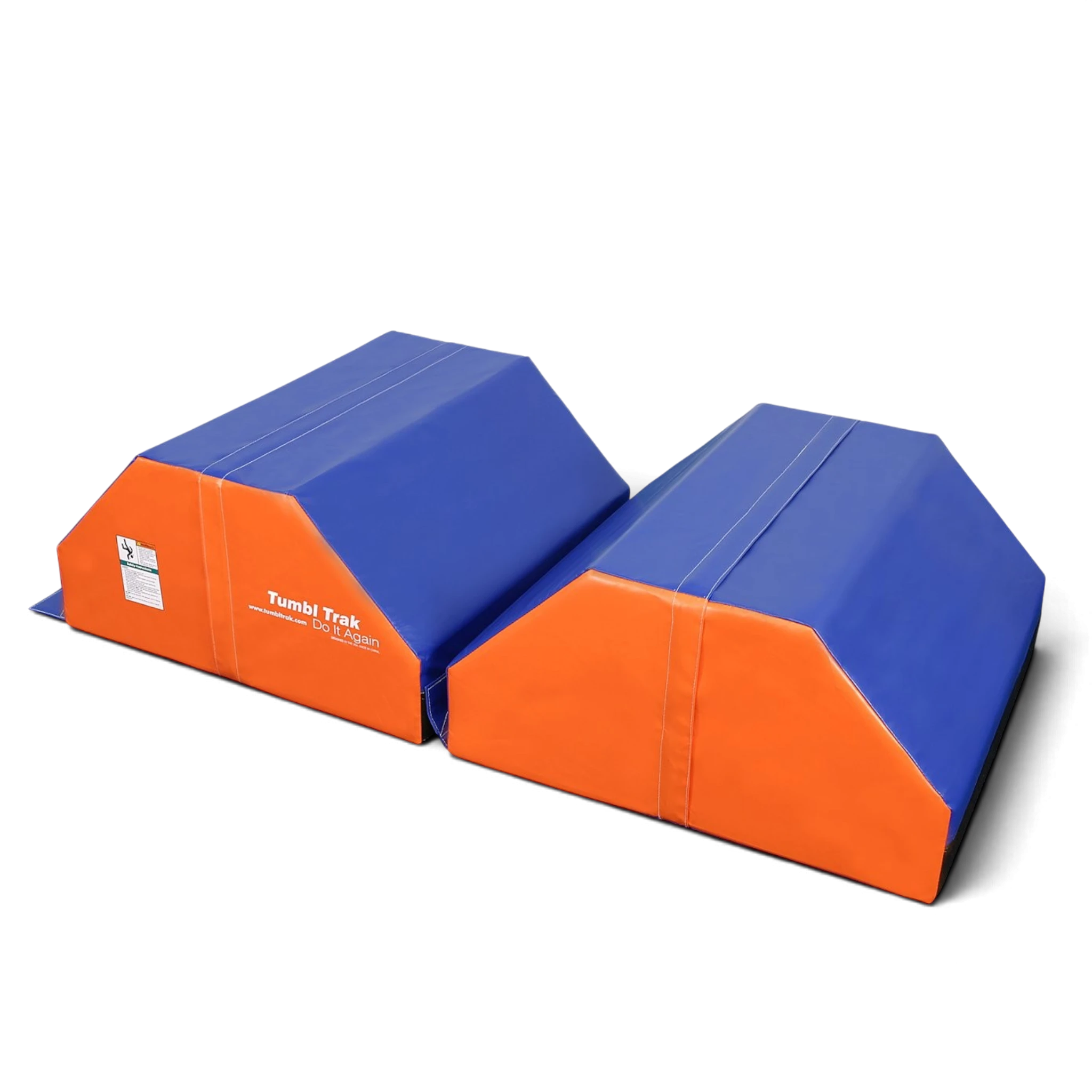 UK Gym Pits octagonal tumble trainer split into two blue and orange vinyl training mats for gymnastics skills