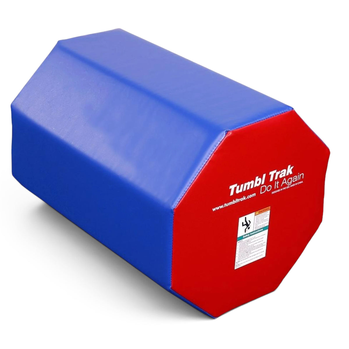 UK Gym Pits octagonal tumble trainer in blue and red vinyl for gymnastics skill development and tumbling practice