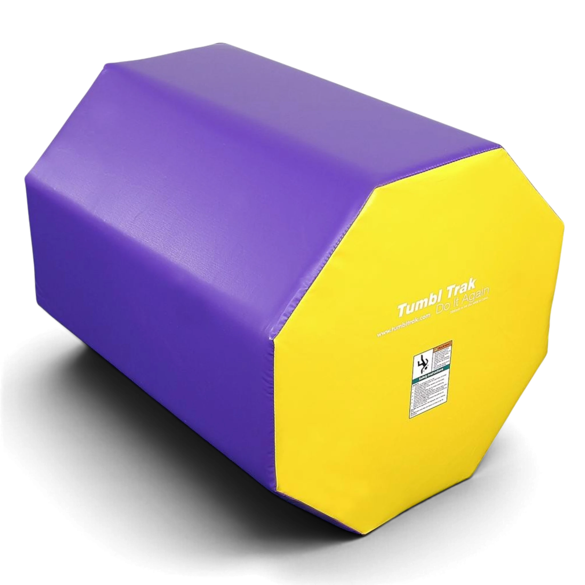 UK Gym Pits purple and yellow octagonal tumbling mat for gymnastics training on a black background