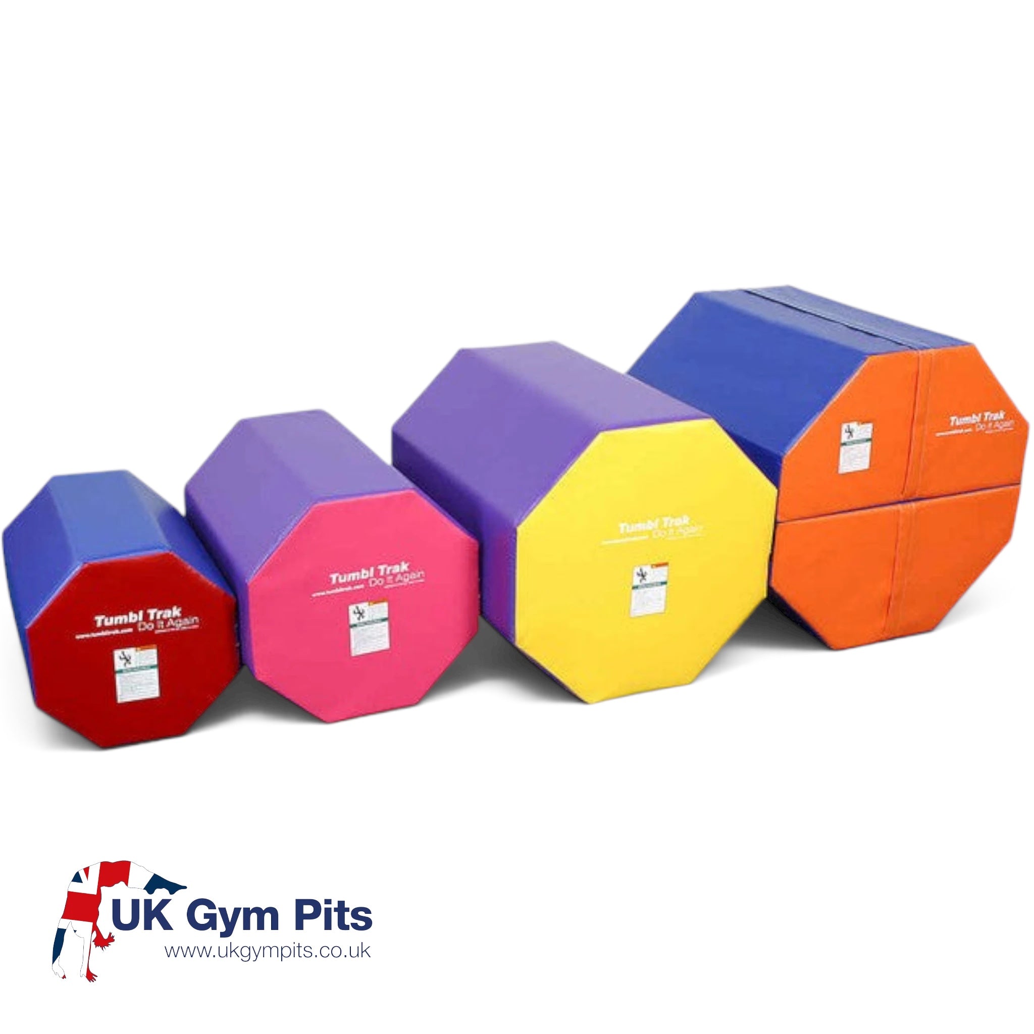 UK Gym Pits octagonal tumbling mats in four sizes and various bright colours for gymnastics training and skill building