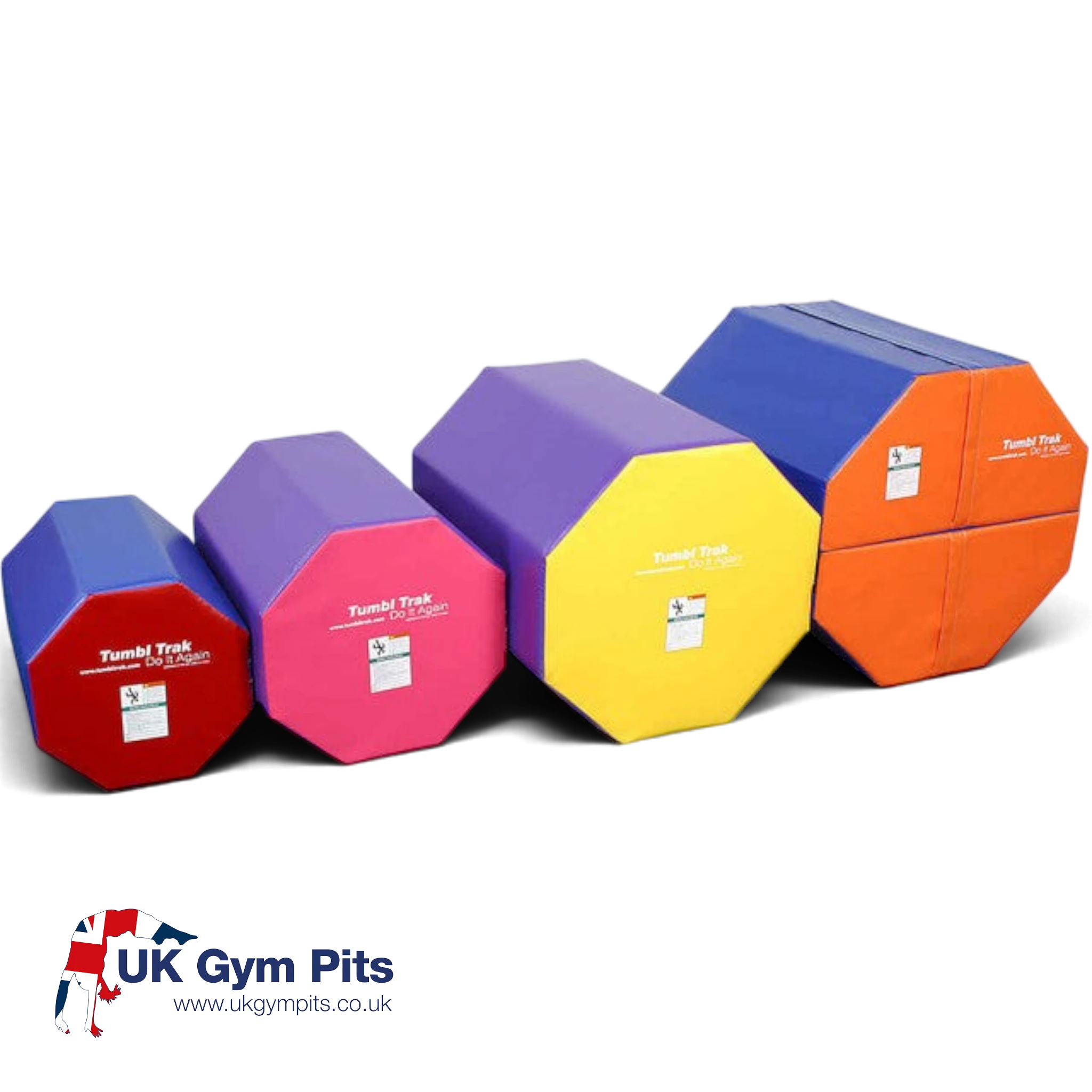 UK Gym Pits octagonal tumbling mats in four sizes, featuring durable vinyl construction for gymnastics training.