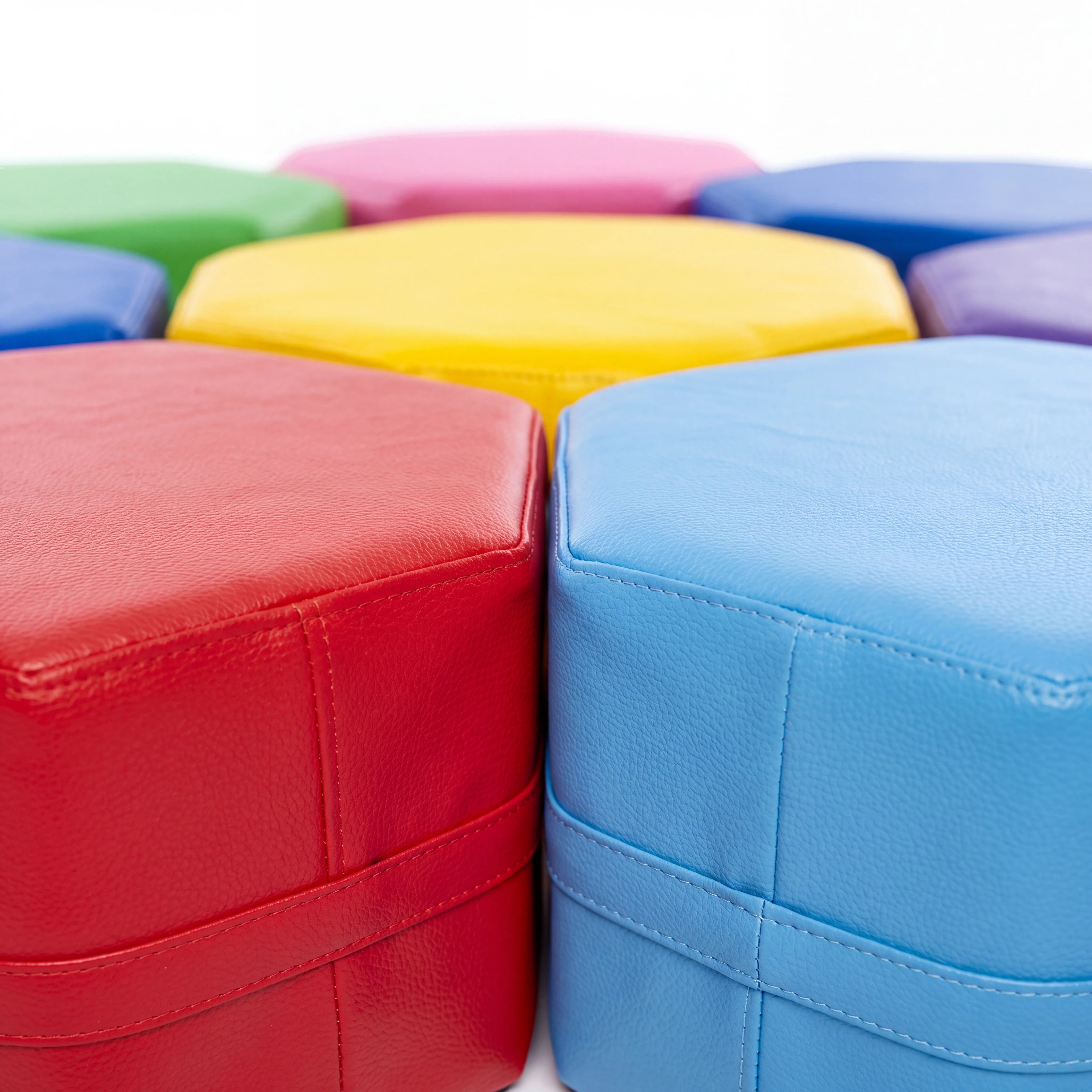 UK Gym Pits Octo seating set featuring eight colourful soft vinyl foam stools for children's play areas