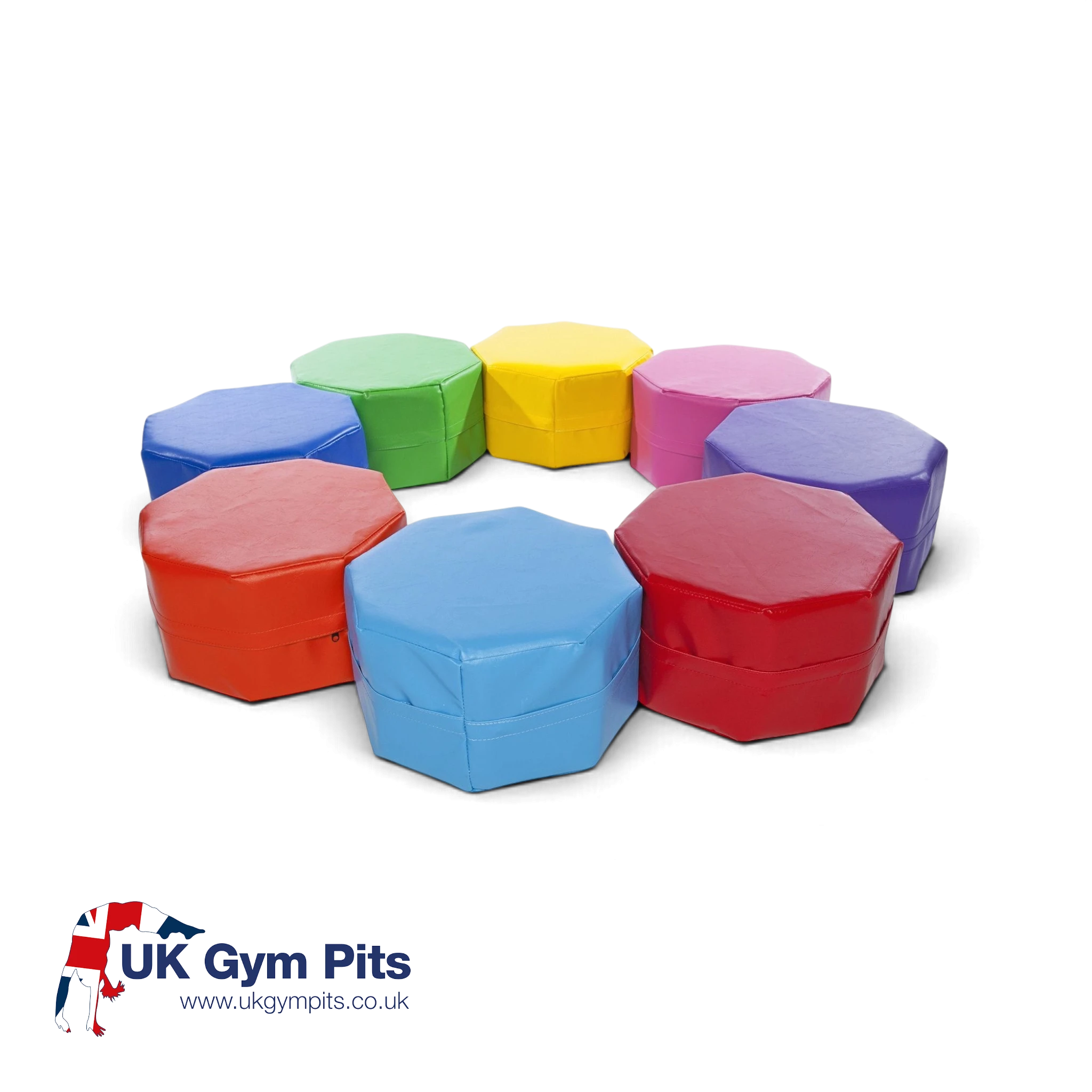 UK Gym Pits Octo seating set featuring eight colourful vinyl soft play stools arranged in a circle for children.