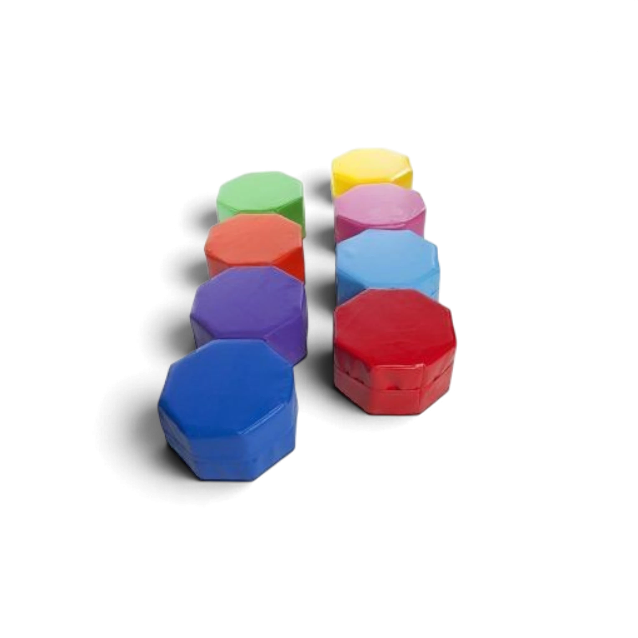 UK Gym Pits Octo seating set featuring eight colourful, soft vinyl foam stools for children's play areas.