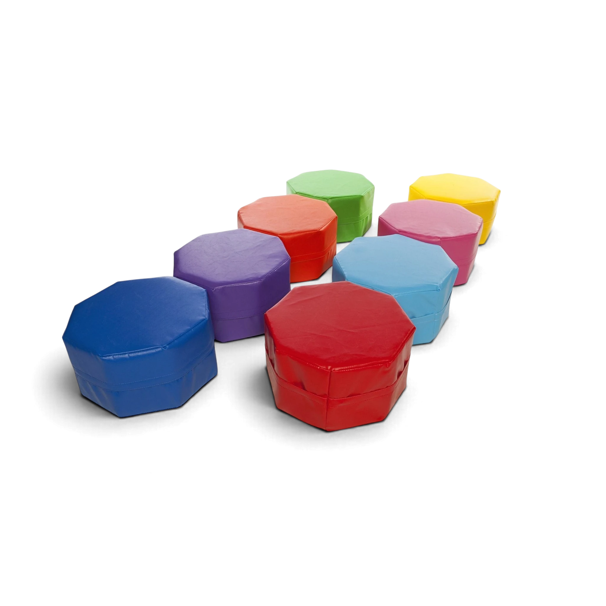UK Gym Pits Octo seating set featuring eight colourful, soft vinyl foam stools for children's play areas.