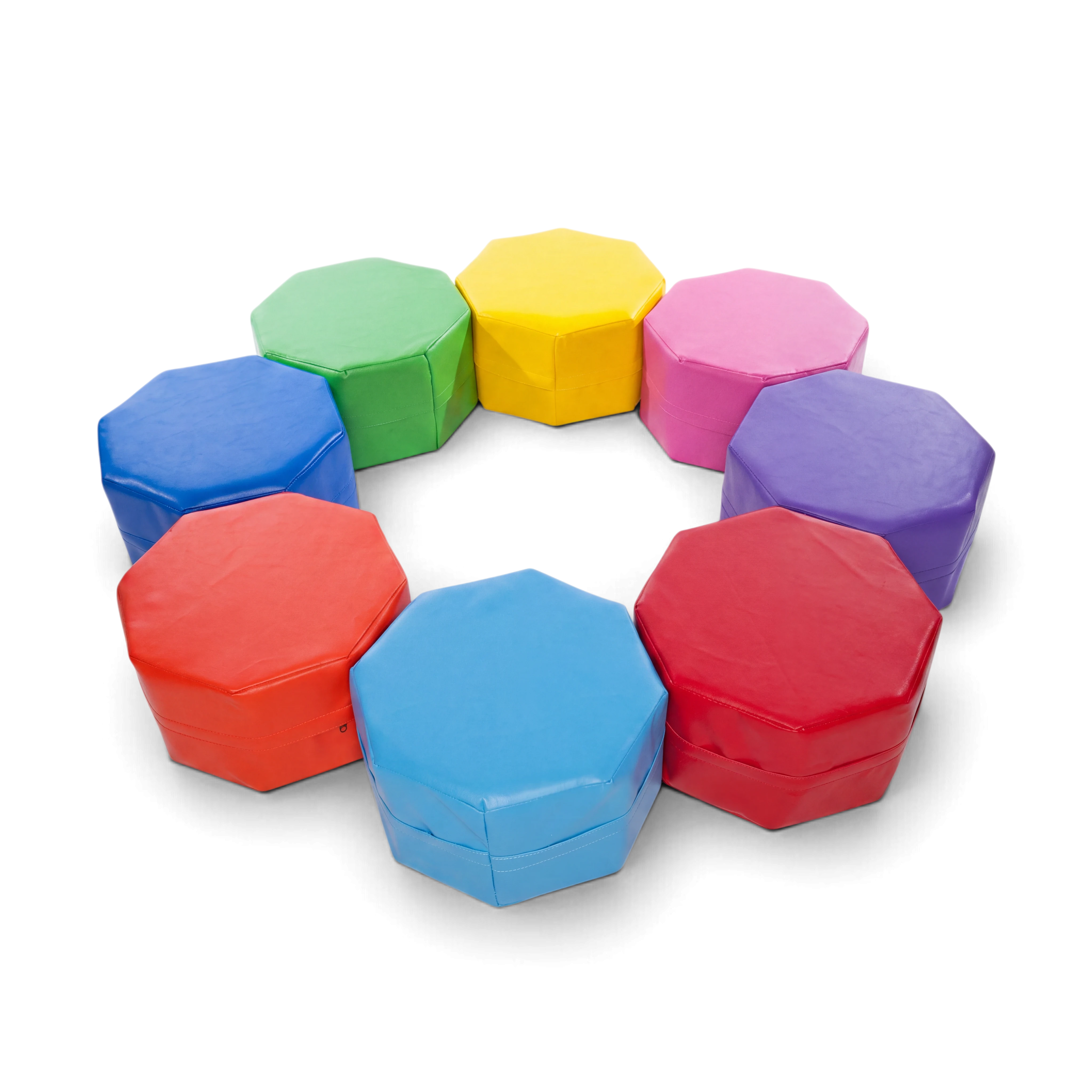 UK Gym Pits Octo seating set featuring eight colourful vinyl soft play stools arranged in a circle on black background