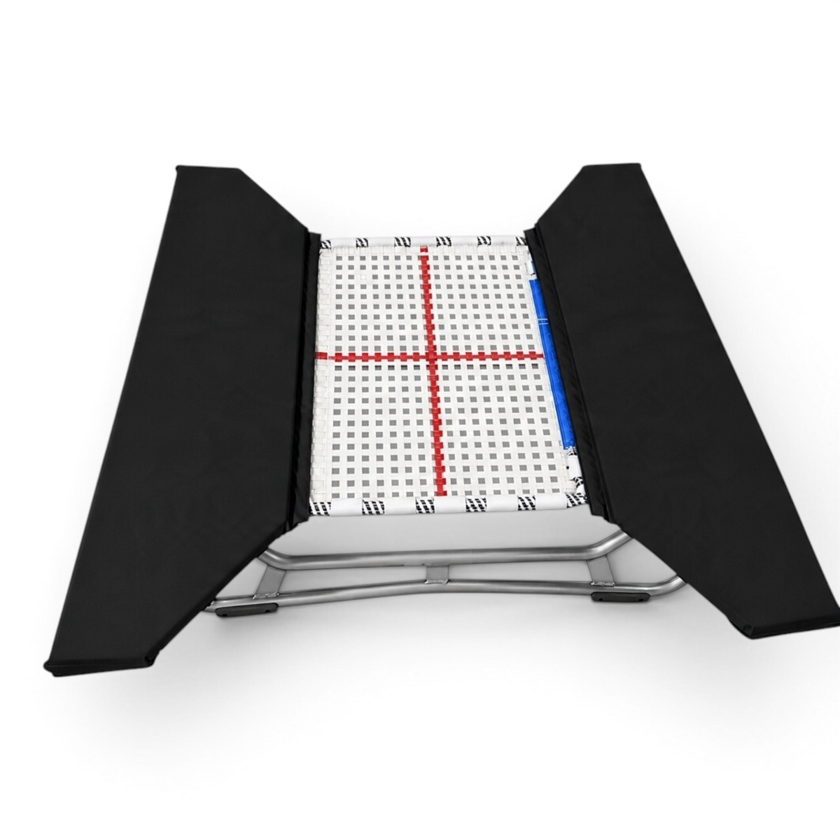 UK Gym Pits open ended mini tramp with white web bed, red cross marking, and black protective frame pads.