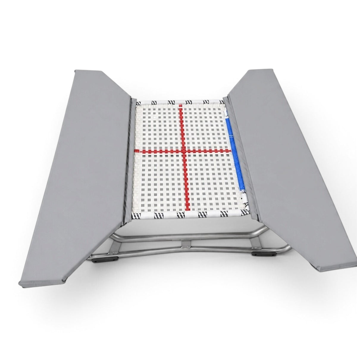 UK Gym Pits open ended mini trampoline with a white web bed and grey protective frame pads on a white background