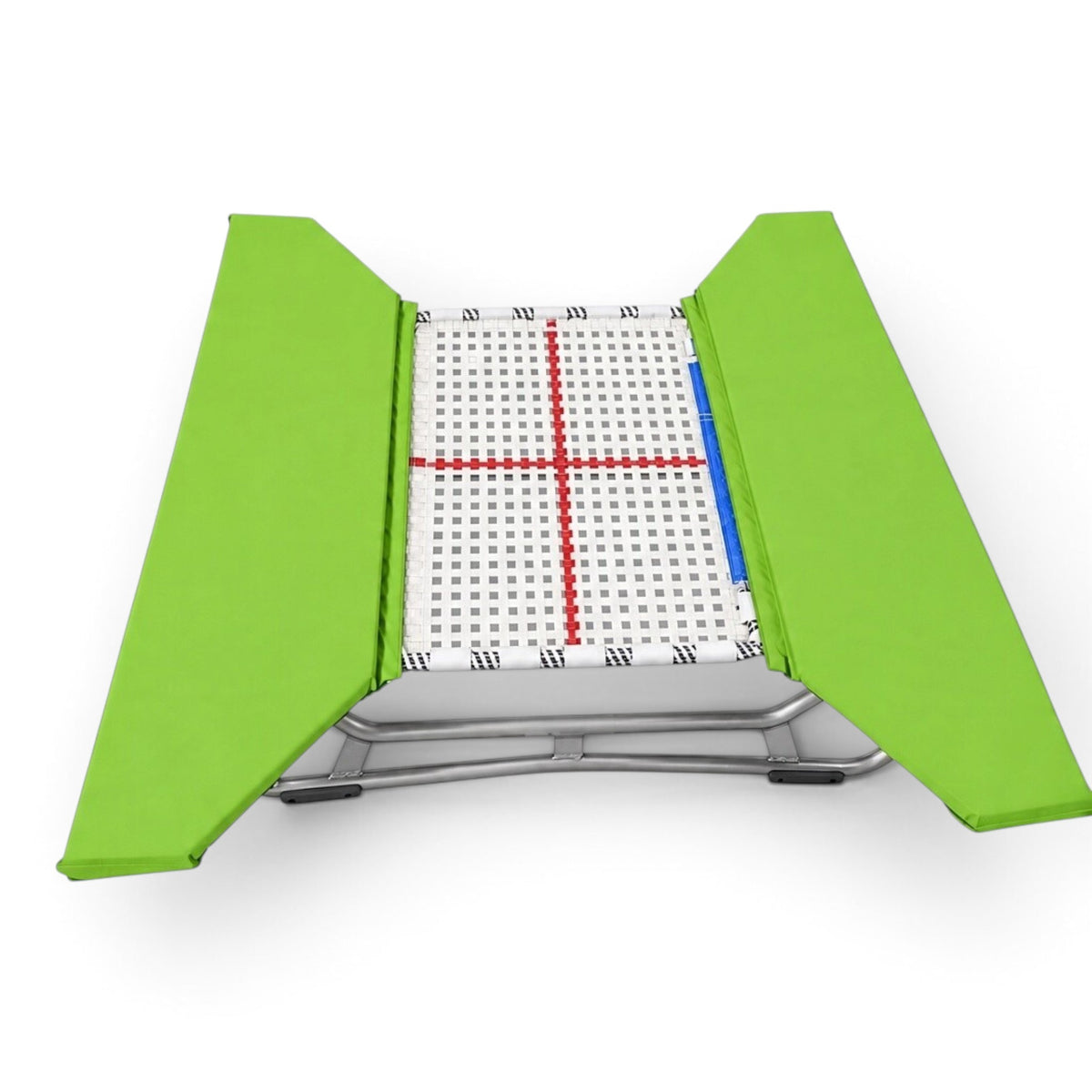 UK Gym Pits open ended mini trampoline with a white web bed and bright green protective frame pads