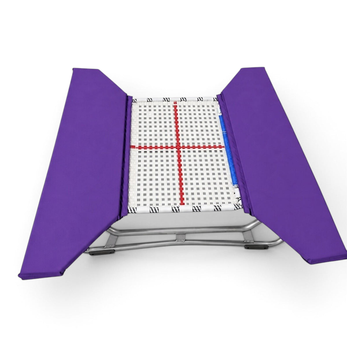 UK Gym Pits open ended mini trampoline with a white web bed and purple protective frame pads on a zinc plated frame.