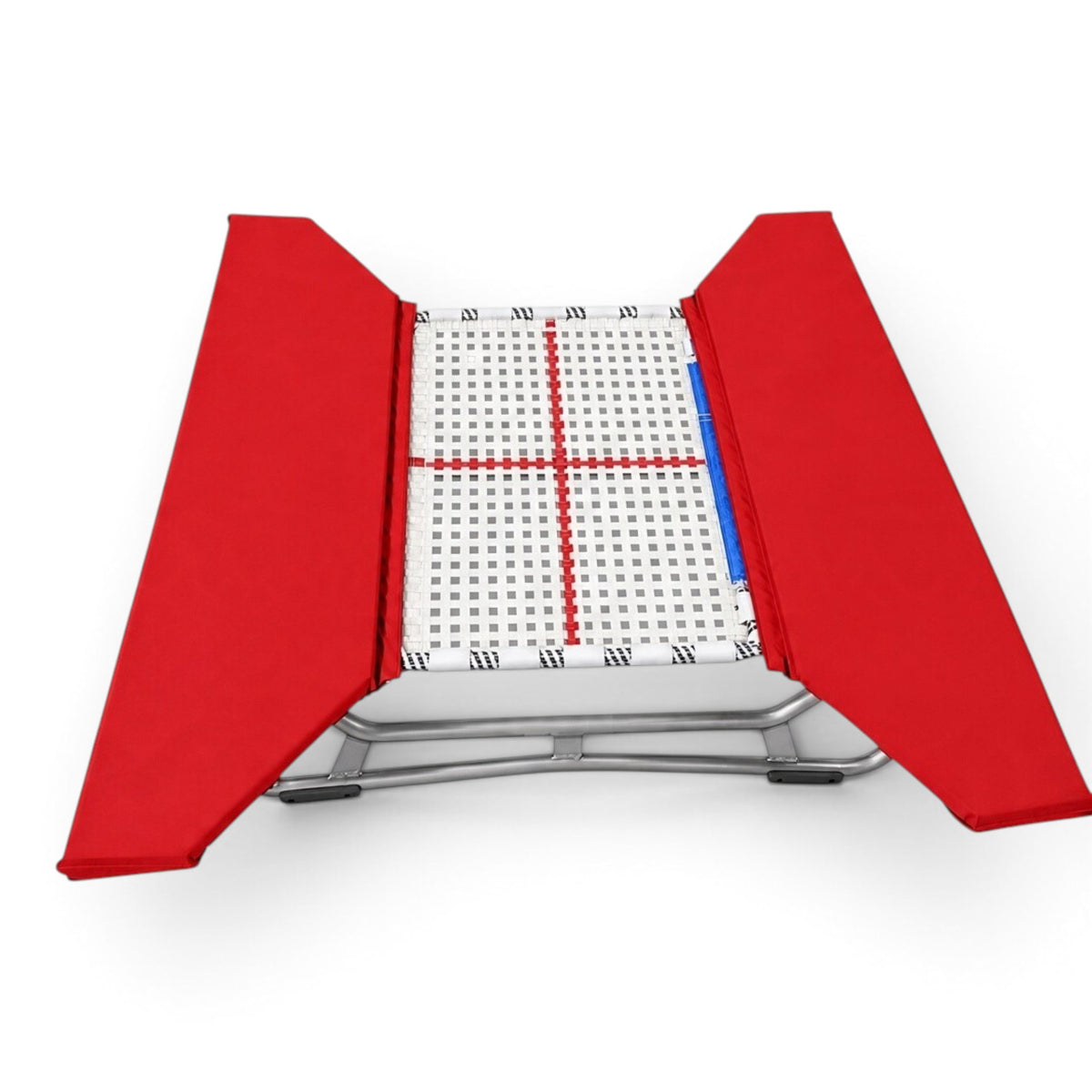 UK Gym Pits open ended mini trampoline with a white web bed and vibrant red protective frame pads