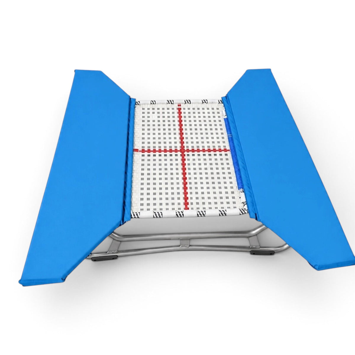 UK Gym Pits open ended mini trampoline with a white web bed and blue protective frame pads for gymnastics training