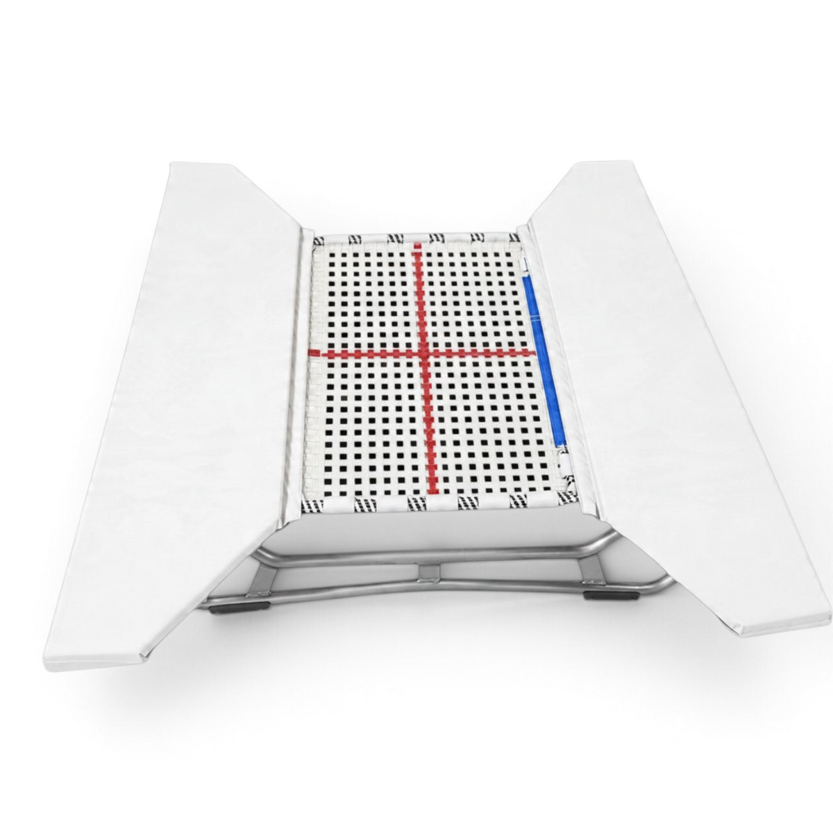 UK Gym Pits open ended mini tramp with white web bed and protective frame pads on a zinc plated steel frame.