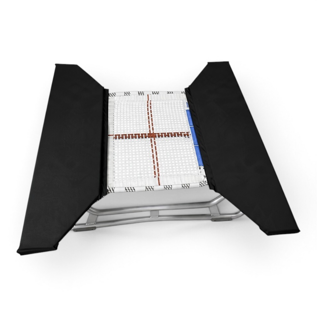 UK Gym Pits open ended mini trampoline with a white web bed and black protective frame pads on a zinc plated frame