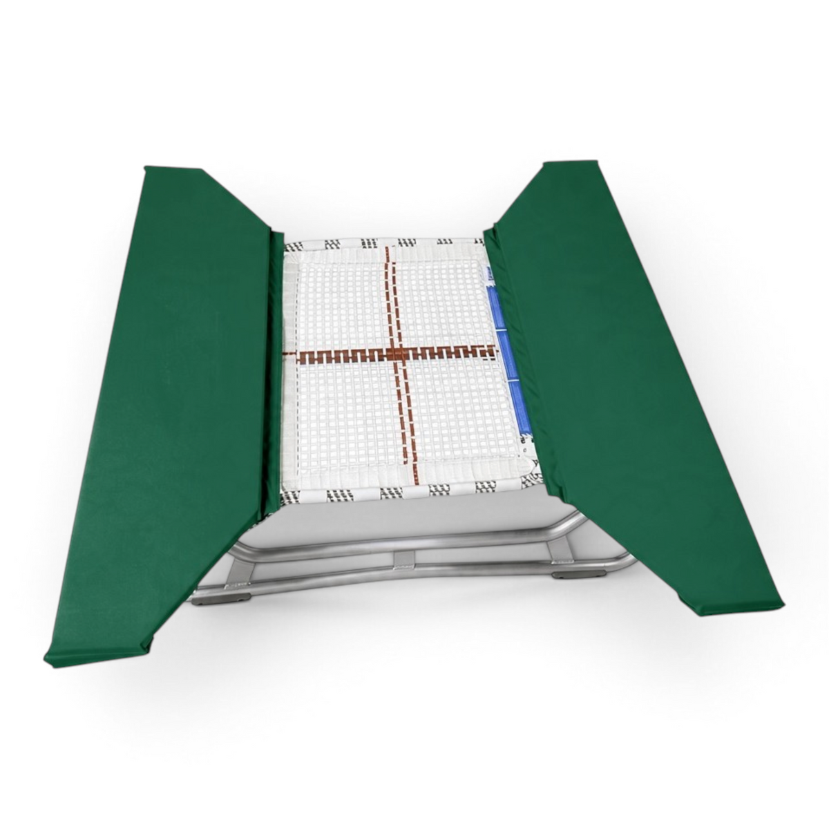 UK Gym Pits open ended mini trampoline with a white web bed and green protective frame pads on a zinc plated frame