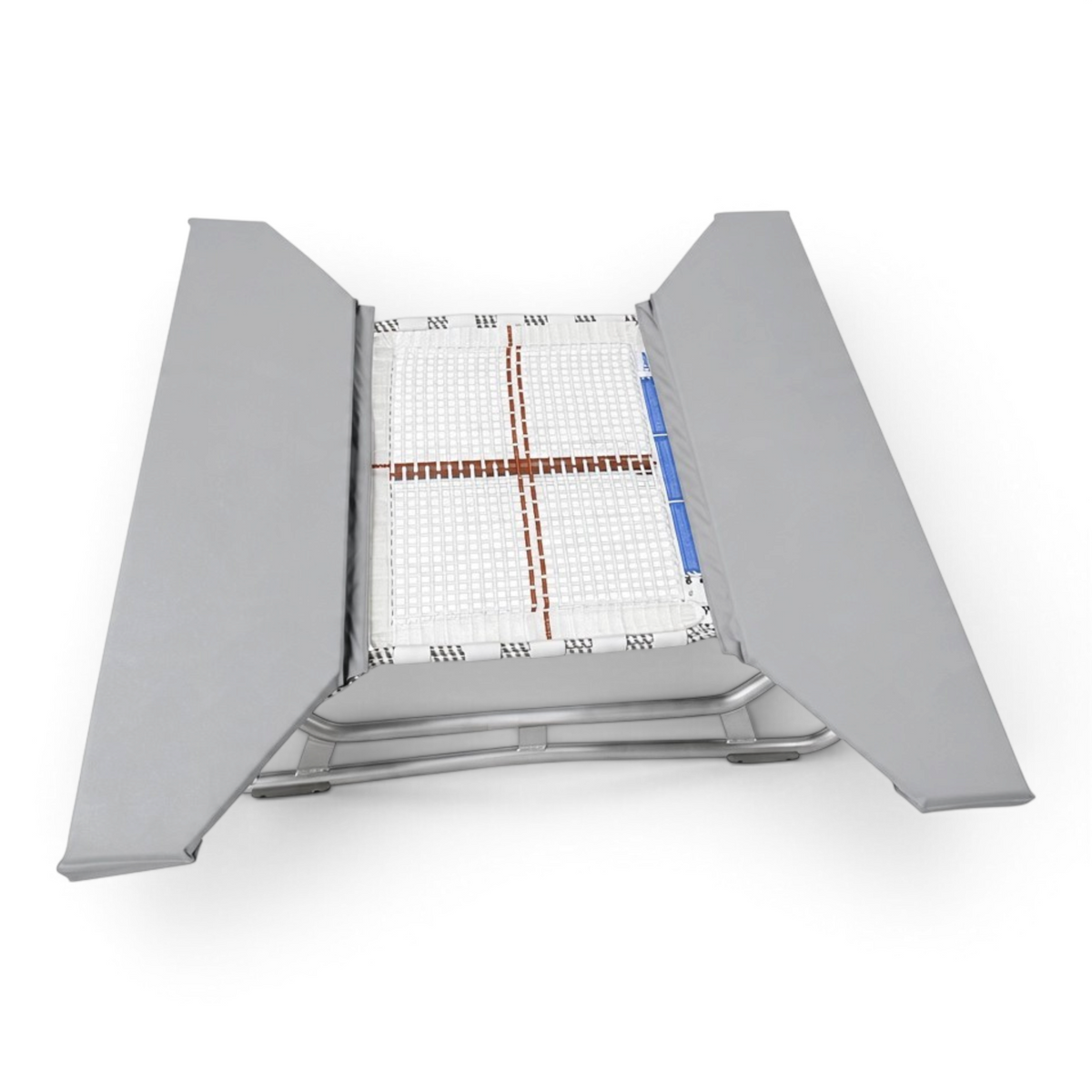 UK Gym Pits open ended mini tramp with white web bed and grey protective frame pads on a zinc plated steel frame