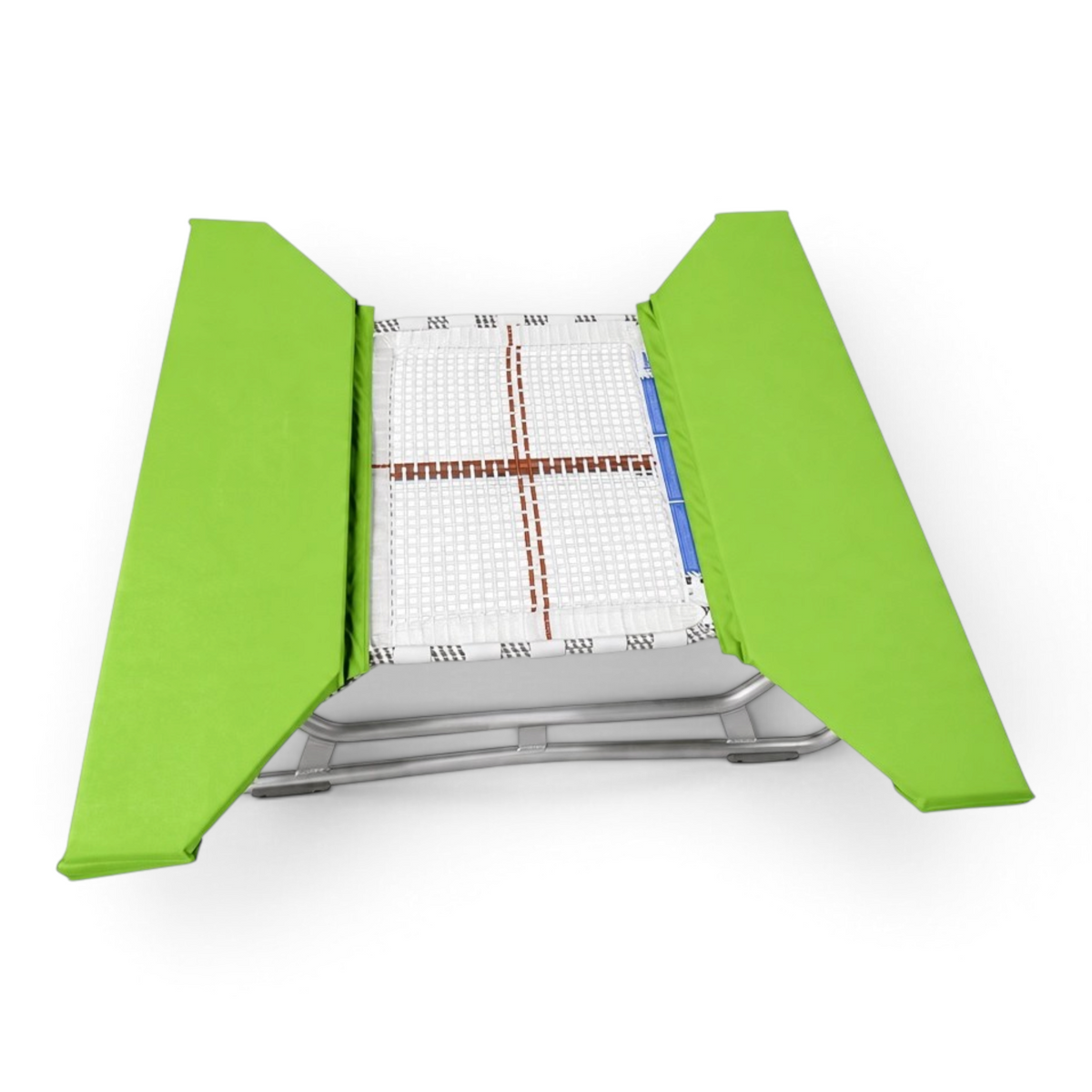 UK Gym Pits open ended mini trampoline with a white web bed and bright green protective frame pads