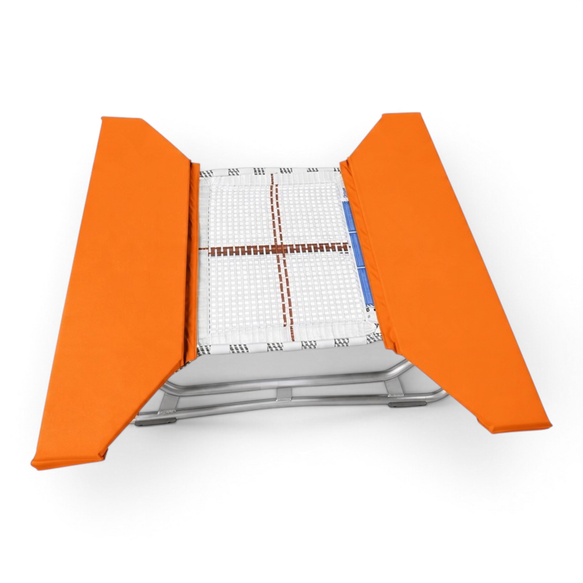 UK Gym Pits open ended mini trampoline with white web bed and bright orange protective frame pads