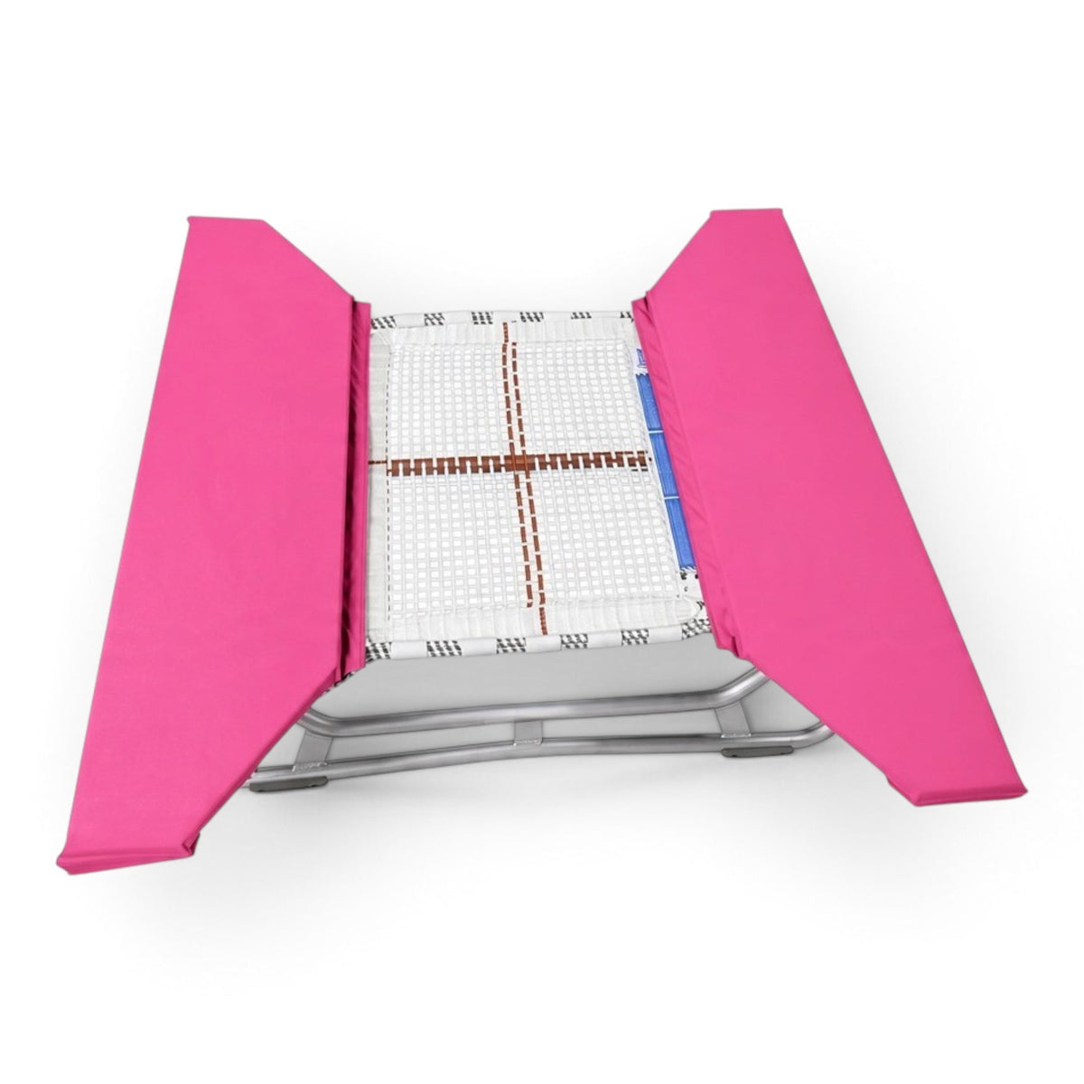 UK Gym Pits open ended mini trampoline with a white web bed and bright pink protective frame pads on a white background