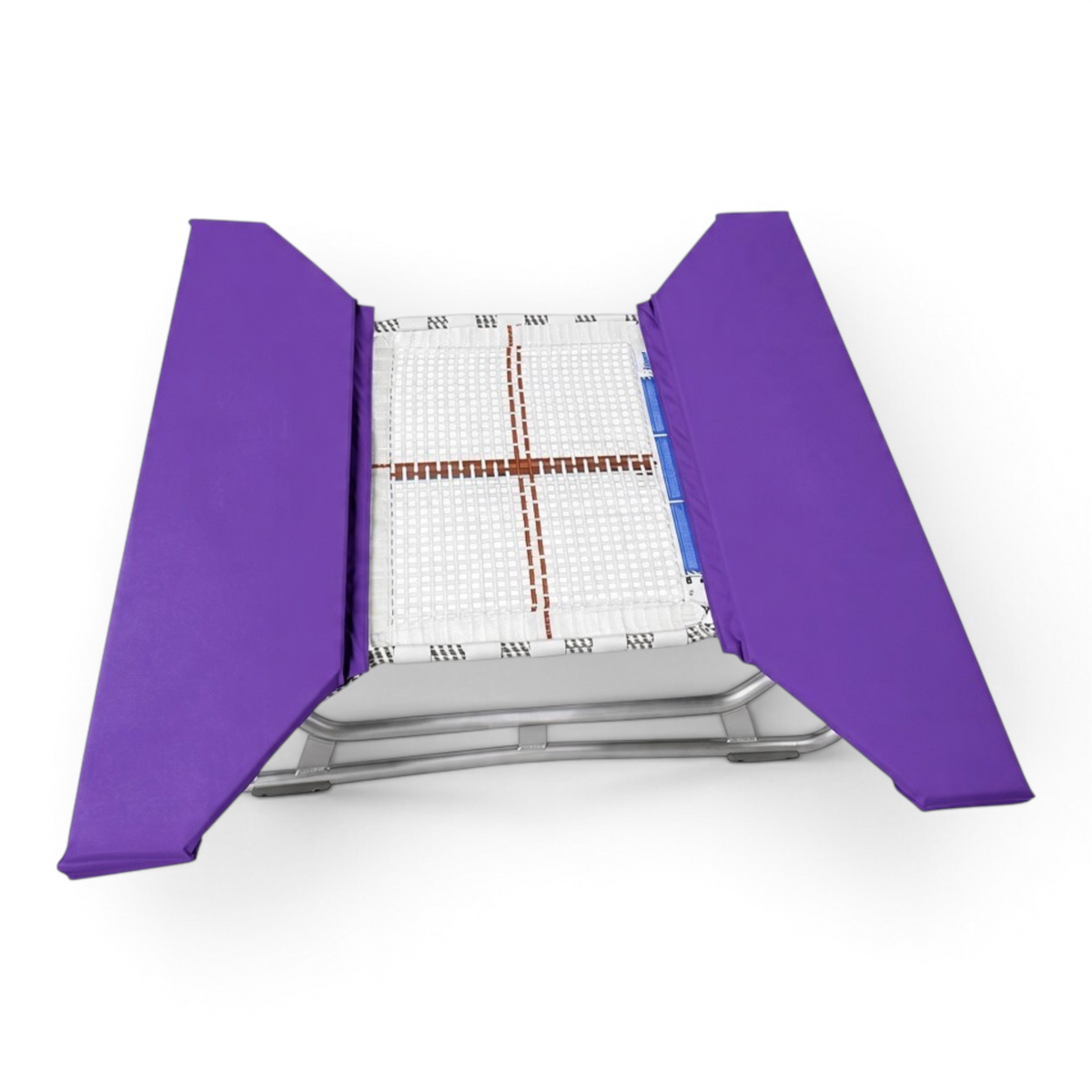UK Gym Pits open ended mini trampoline with a white web bed and purple protective frame pads on a white background