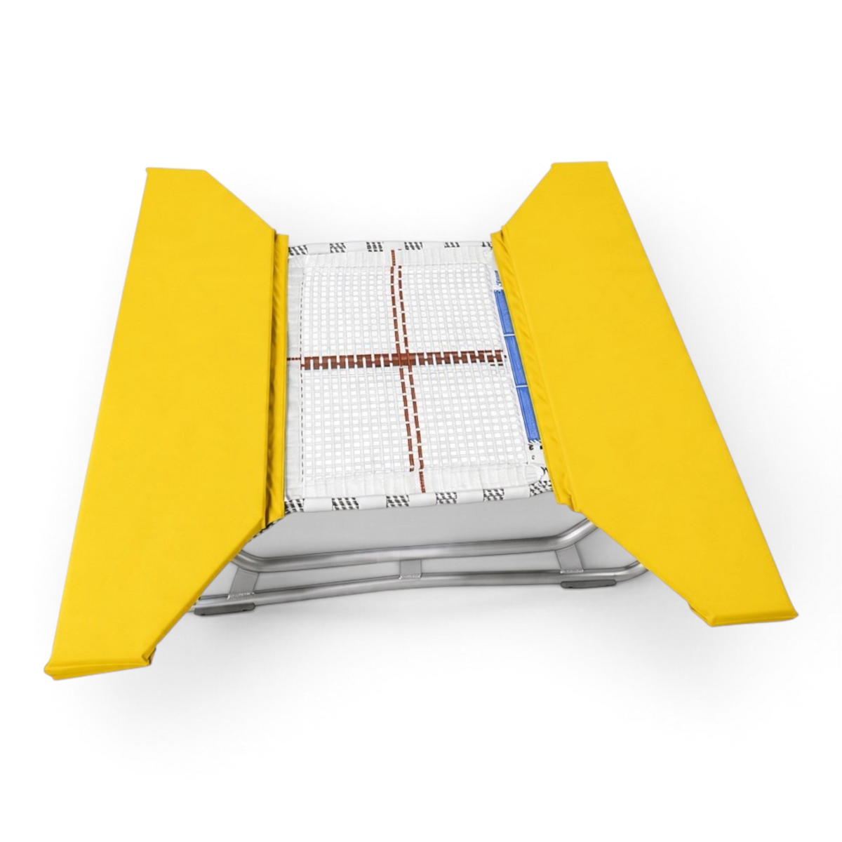 UK Gym Pits open ended mini trampoline with a white web bed and bright yellow protective frame pads