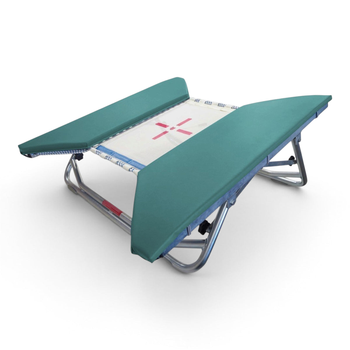 UK Gym Pits open ended mini trampoline with a white web bed and green protective frame pads on a zinc plated frame