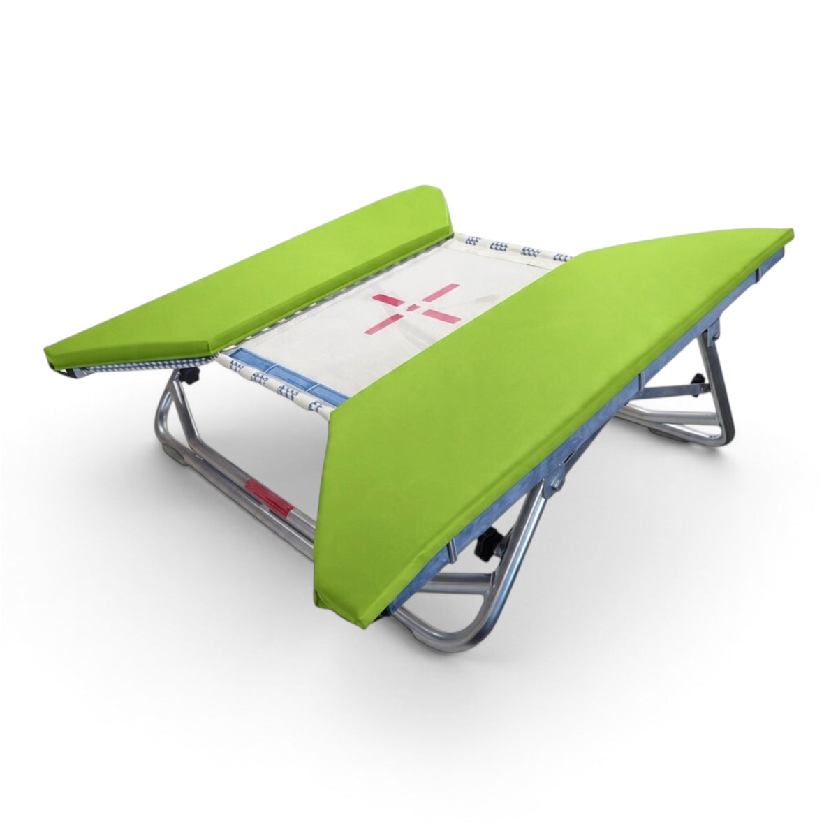 UK Gym Pits open ended mini trampoline with a white web bed and bright green protective frame pads.