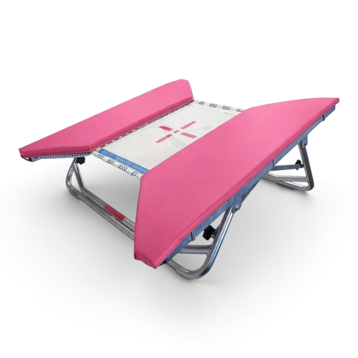 UK Gym Pits open ended mini trampoline with a white web bed and vibrant pink protective frame pads on a steel frame.