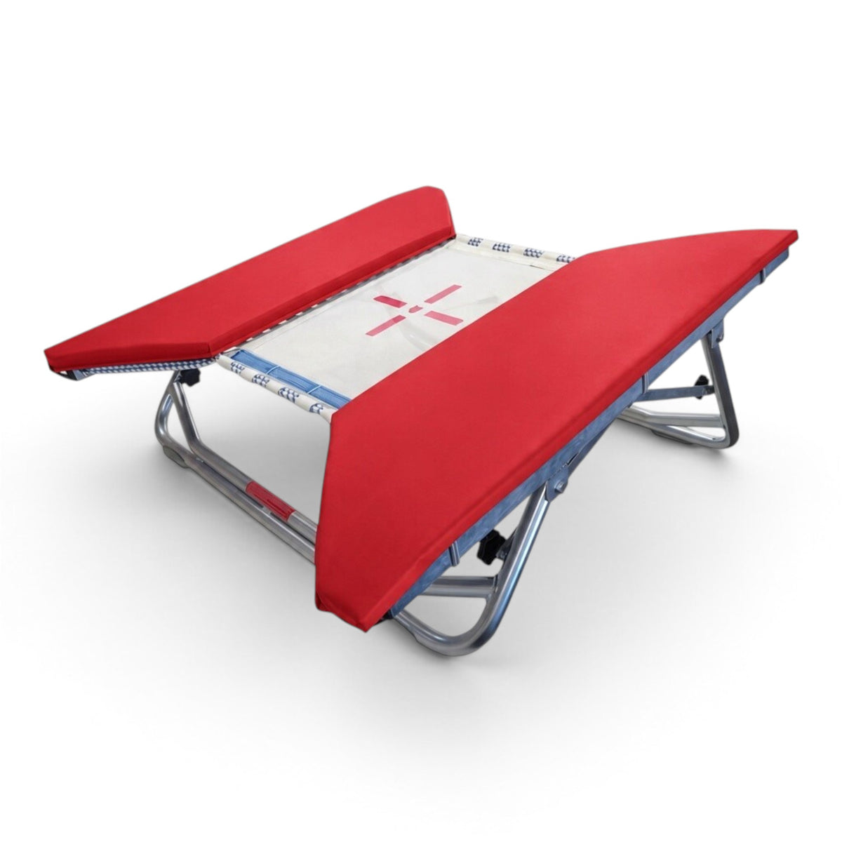 UK Gym Pits open ended mini tramp with a white web bed and vibrant red protective frame pads on a zinc plated frame