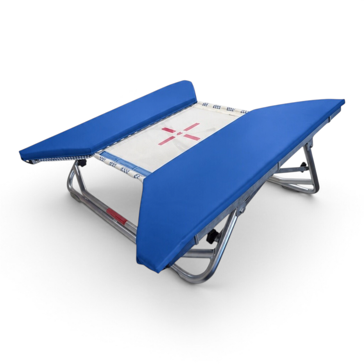UK Gym Pits open ended mini trampoline with a white web bed and blue protective frame pads on a zinc plated frame
