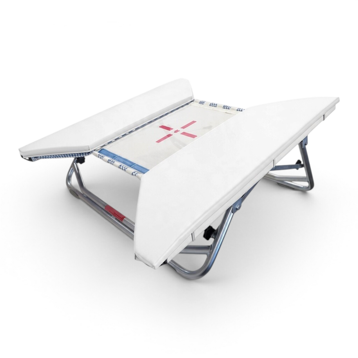 UK Gym Pits open ended mini trampoline with white frame pads and a central red cross on the jumping bed