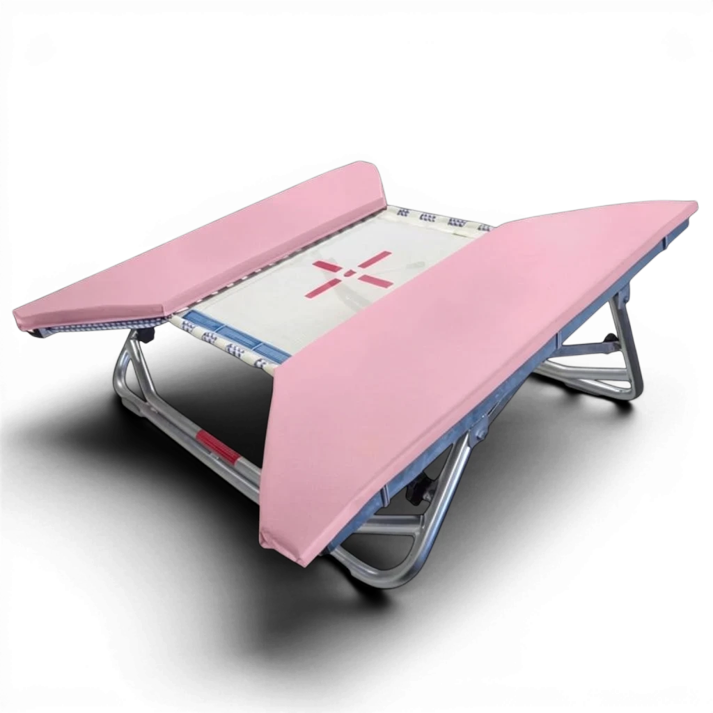 UK Gym Pits open ended mini trampoline with a white web bed and pink protective frame pads on a zinc plated frame.