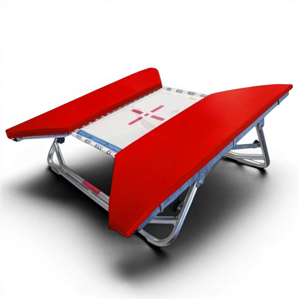 UK Gym Pits open ended mini trampoline with a white web bed and bright red protective frame pads on a zinc plated frame.