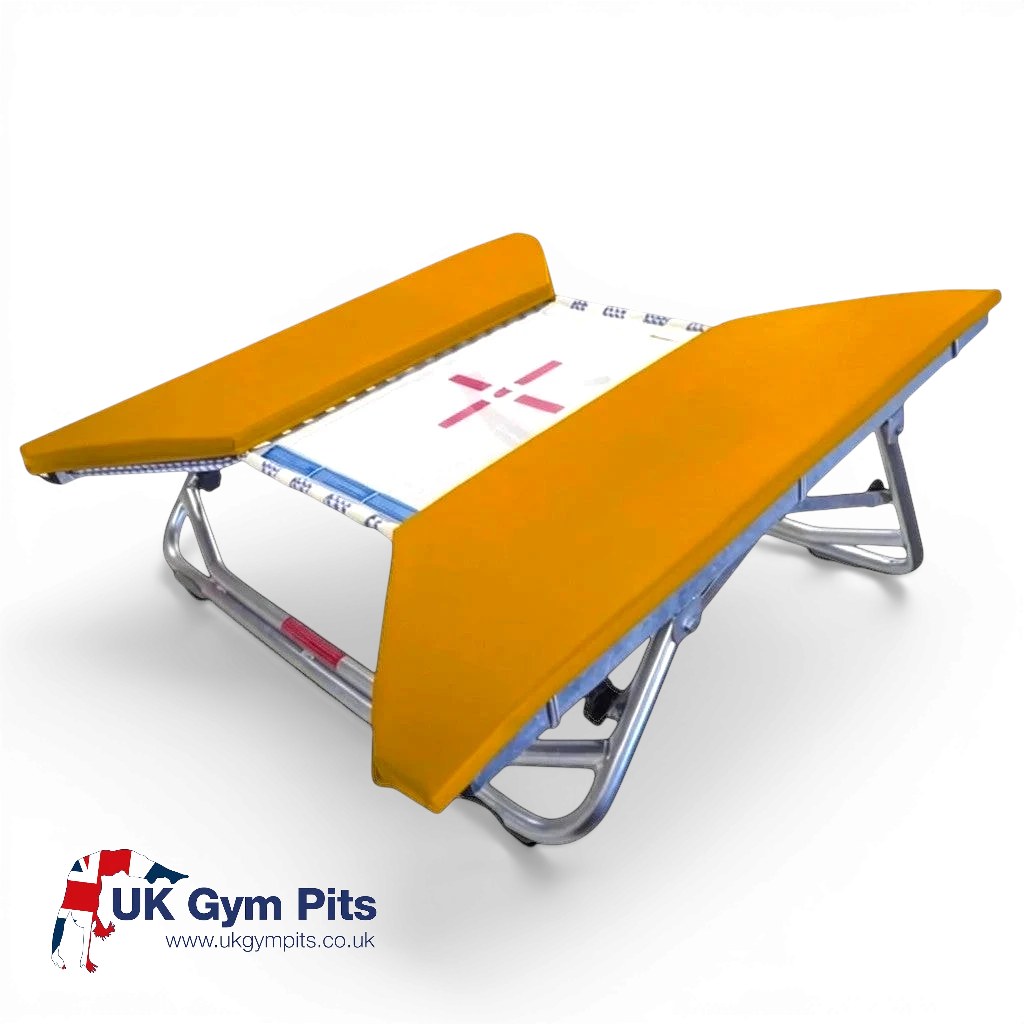 UK Gym Pits open ended mini trampoline with a white web bed and vibrant yellow protective frame pads.