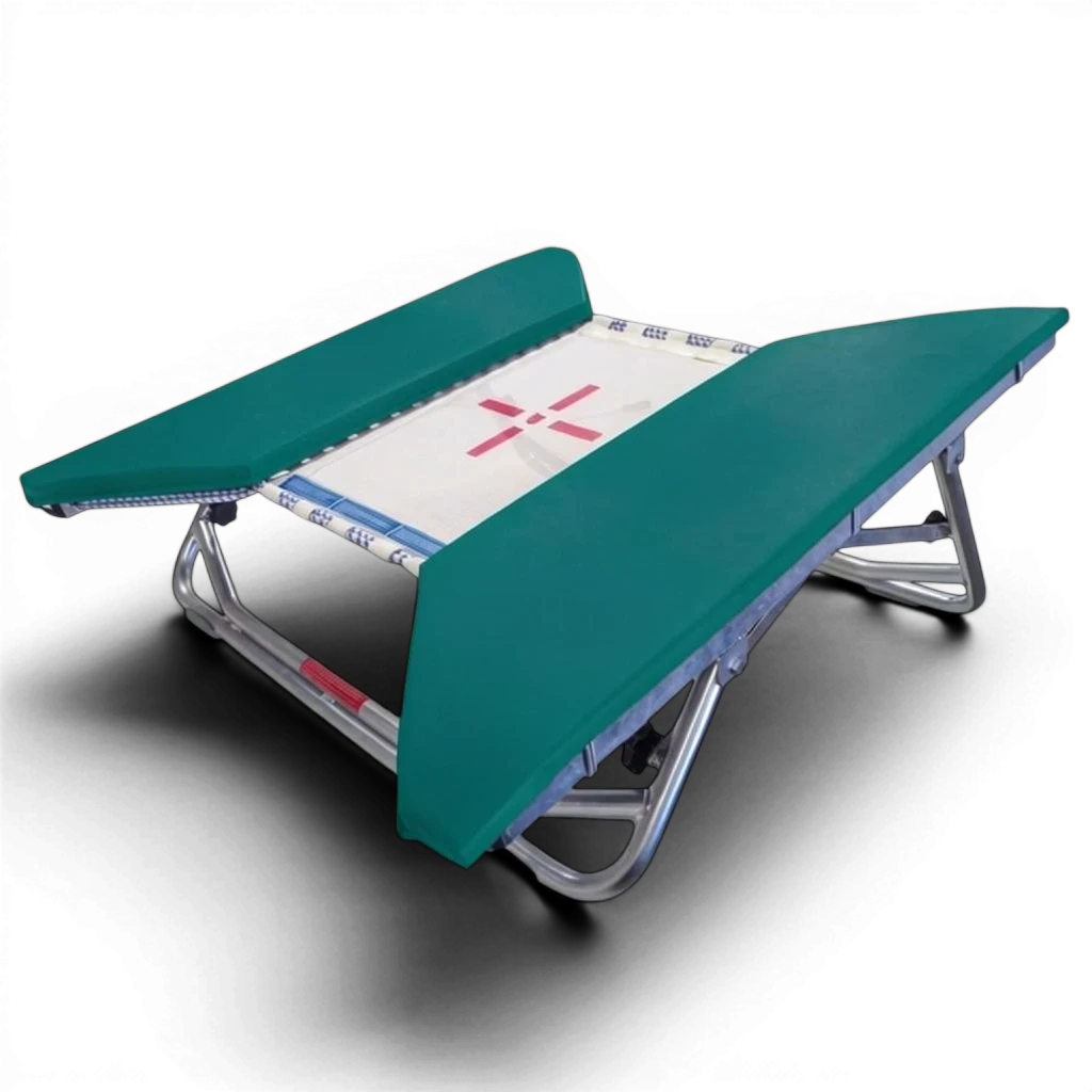 UK Gym Pits open ended mini trampoline with a white web bed and green protective frame pads on a zinc plated frame.