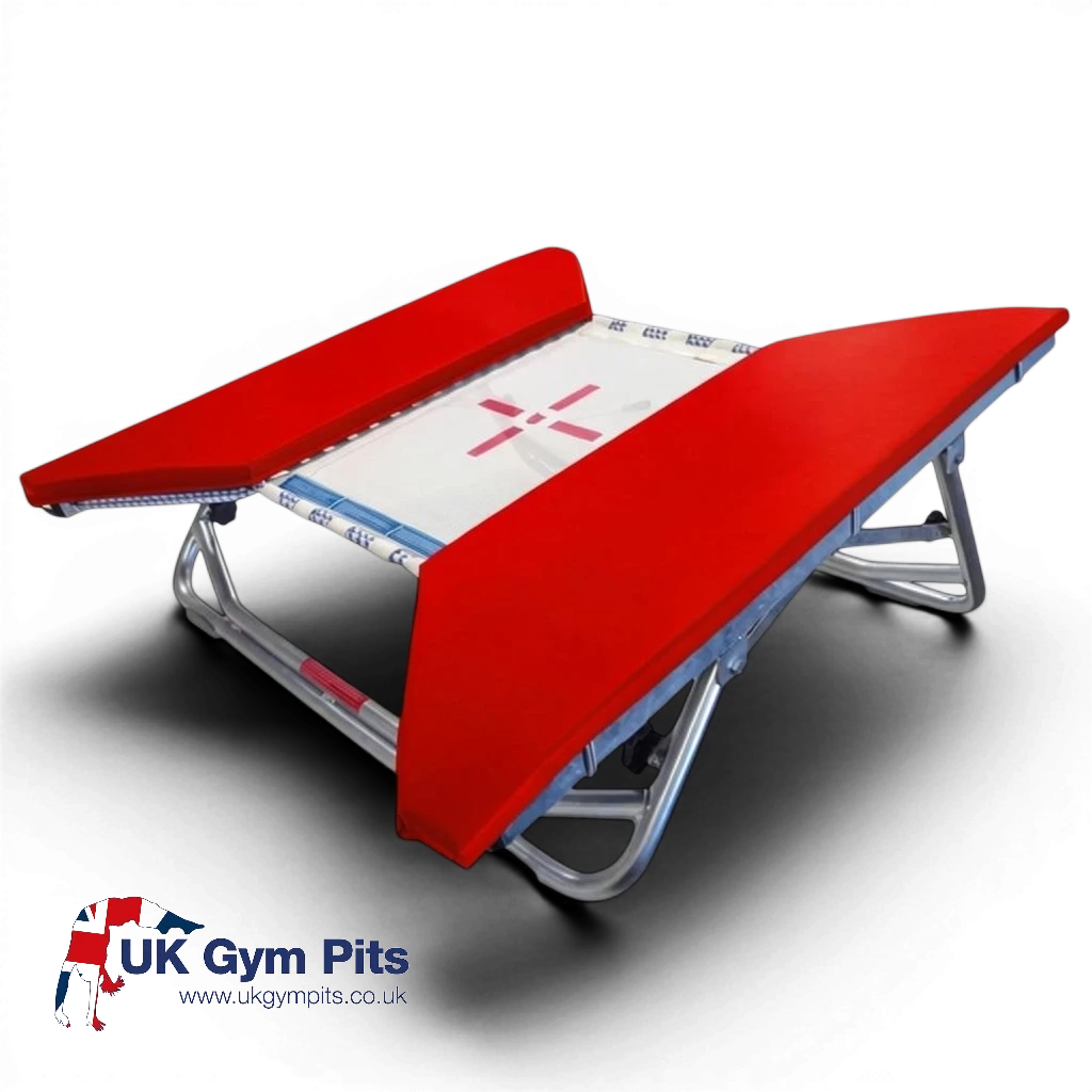 UK Gym Pits open ended mini trampoline with a white web bed and bright red protective frame pads on a zinc plated frame