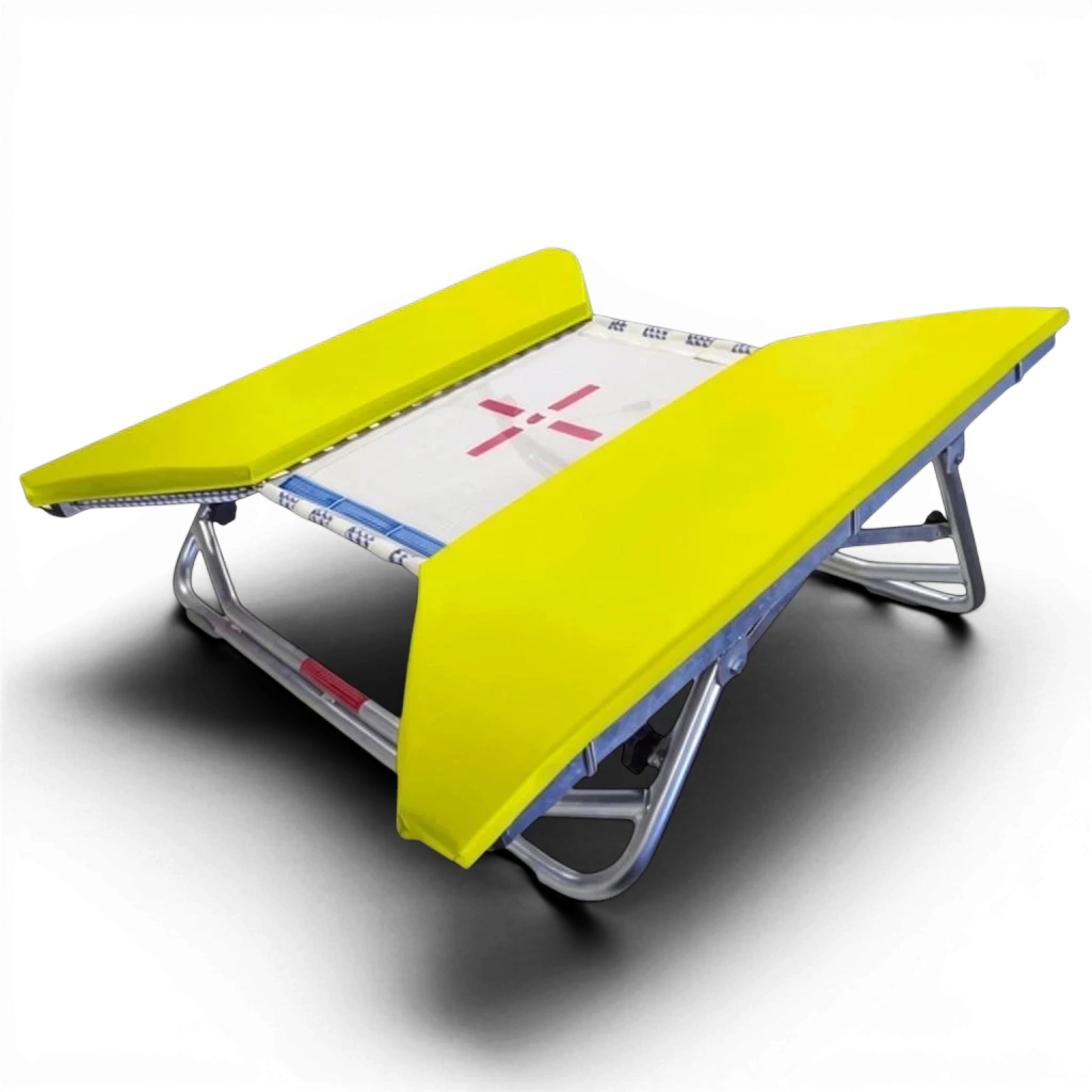 UK Gym Pits open ended mini trampoline with a white web bed, red cross target, and bright yellow protective frame pads.