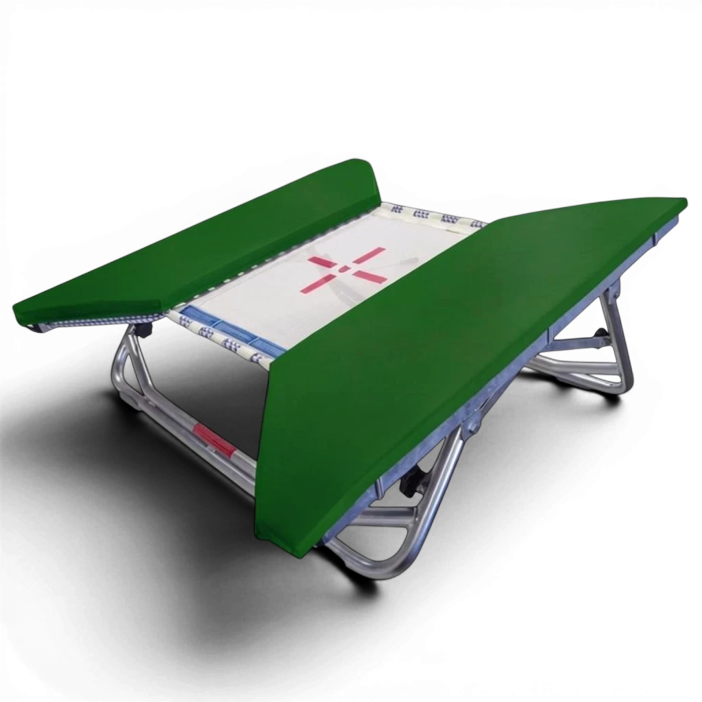 UK Gym Pits open ended mini trampoline with green protective frame pads and a white web bed on a zinc plated frame.