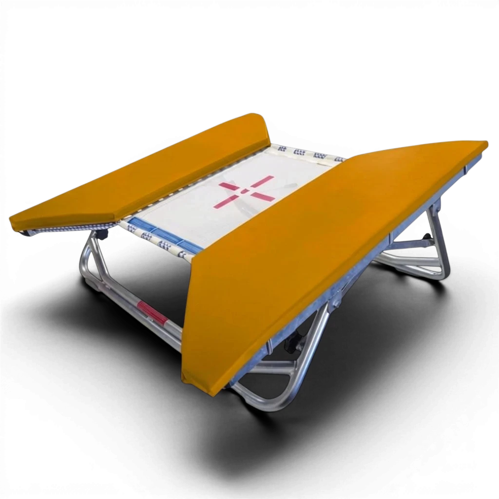 UK Gym Pits open ended mini trampoline with a white web bed, red cross marker, and bright yellow protective frame pads.