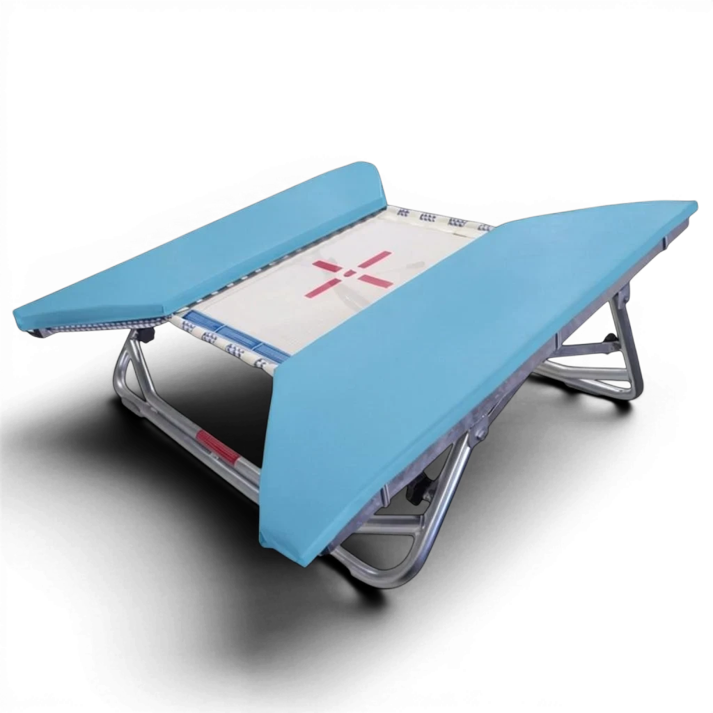 UK Gym Pits open ended mini trampoline with a white web bed and light blue protective frame pads on a zinc frame.