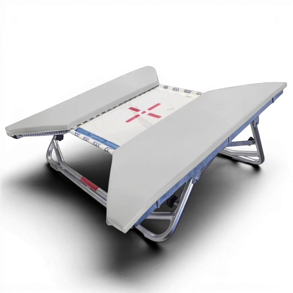 UK Gym Pits open ended mini trampoline with a white web bed, red cross marking, and grey protective frame pads.