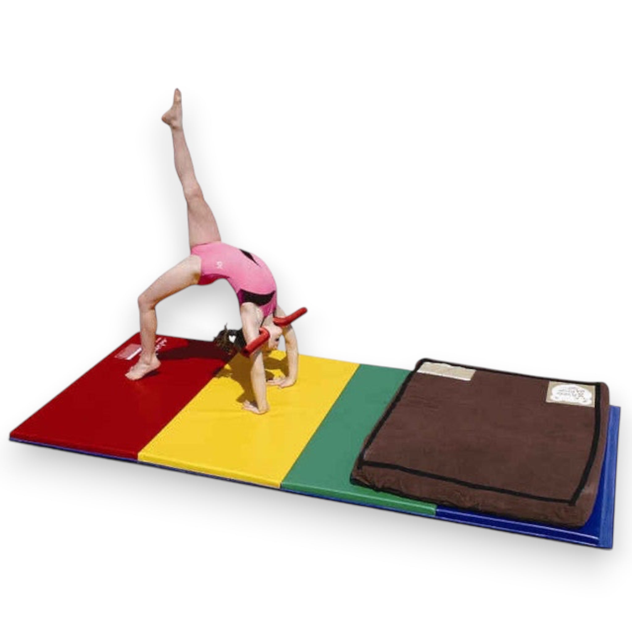 Gymnast in pink leotard using UK Gym Pits open shoulder trainer while performing a back walkover on a colorful mat