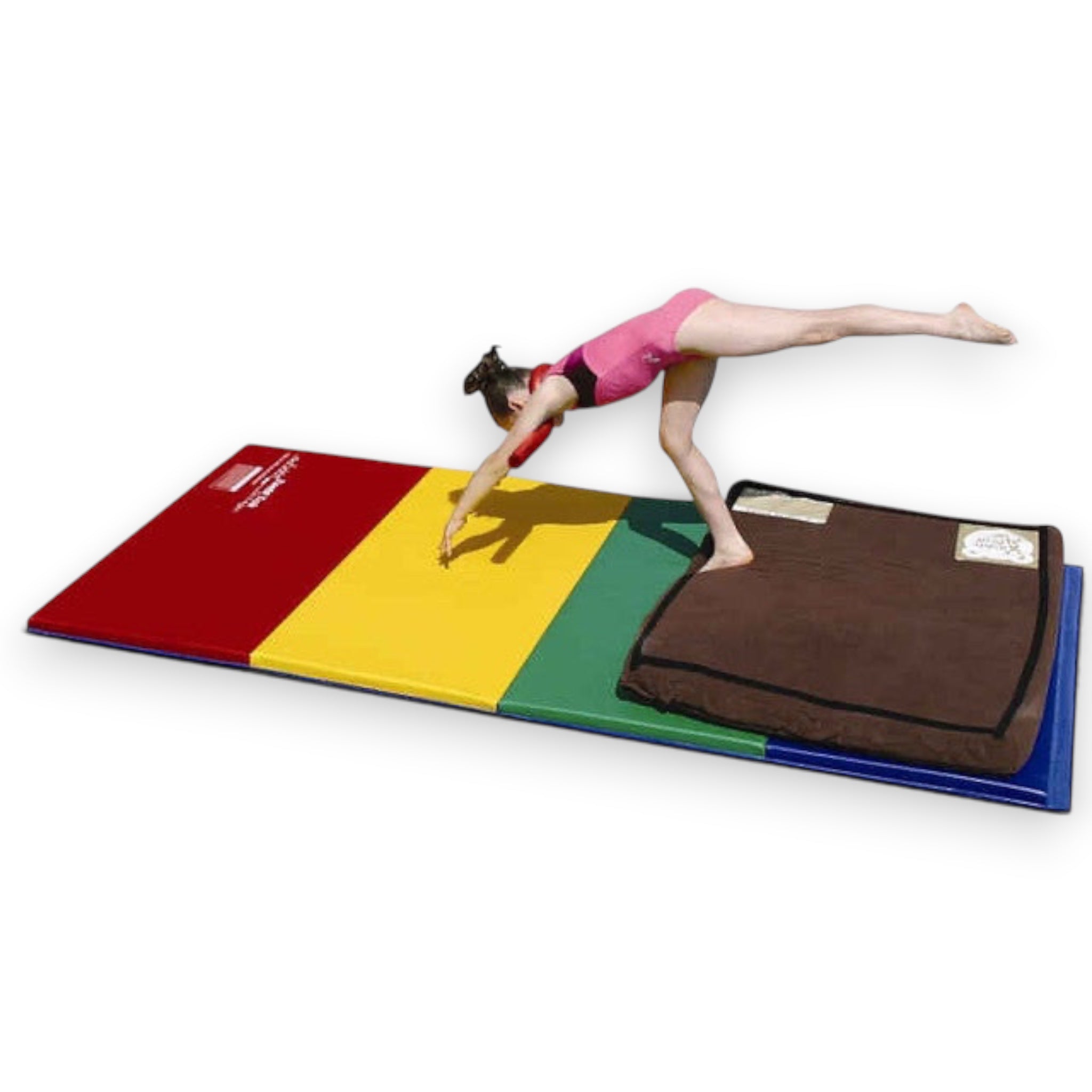 UK Gym Pits open shoulder trainer worn by a gymnast in a pink leotard practicing a handstand on a colorful gym mat