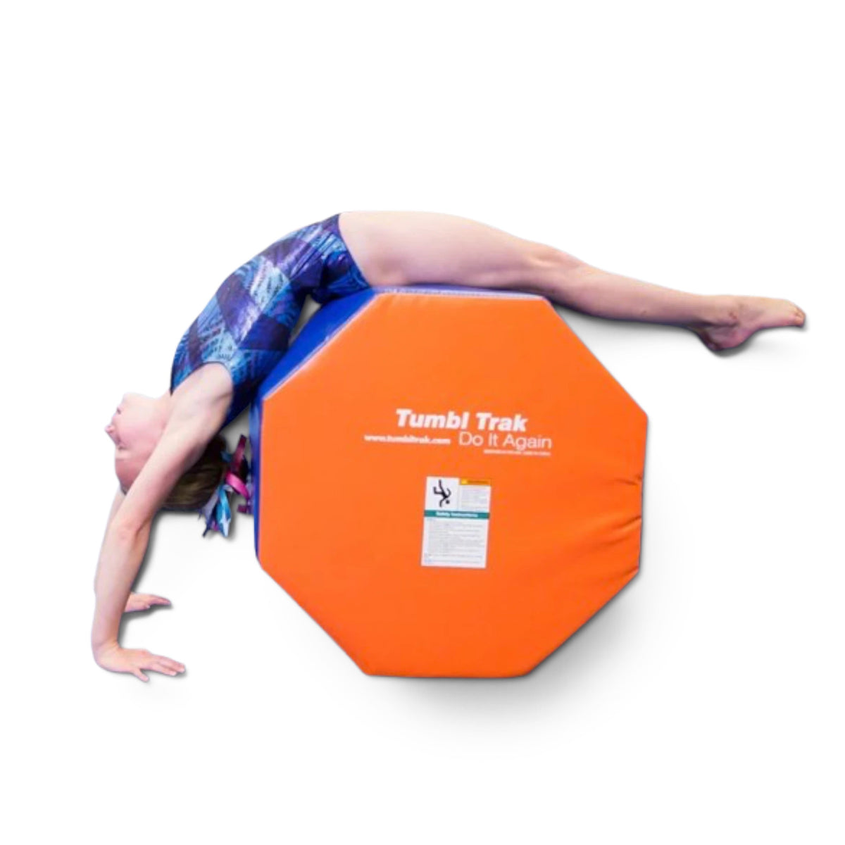 UK Gym Pits orange octagonal tumble trainer used by a young gymnast for back handspring and walkover practice