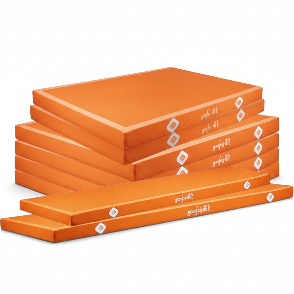 UK Gym Pits orange Gaofei parallel bars landing mats with non-slip base and Velcro locking system for gymnastics.